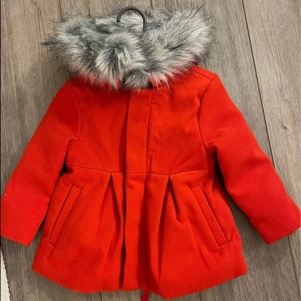 3T cat&Jack red peplum pea coat with hood and bow detail on back
